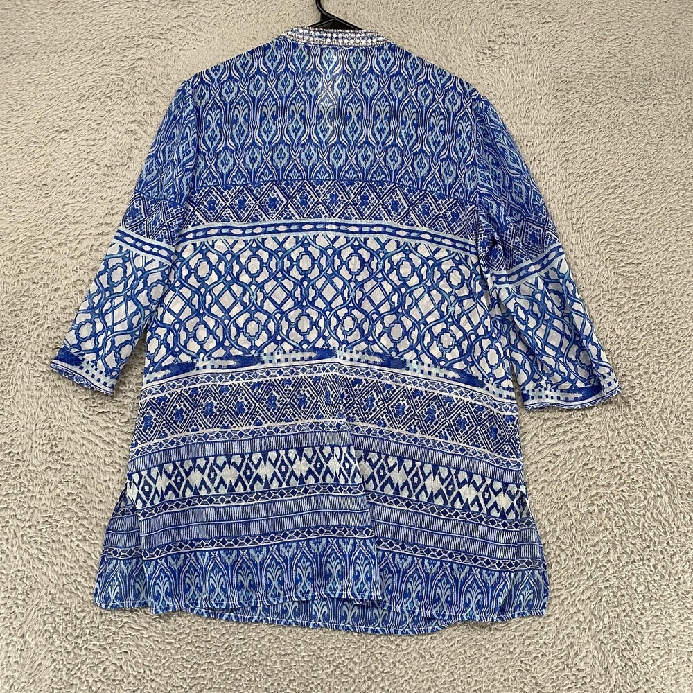 Chicos Beaded Tunic Top Womens 1/M Blue Geometric Sheer Embellished 3/4 Sleeve - Picture 13 of 16